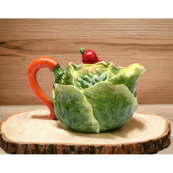 Hand Painted Ceramic Cabbage Teapot with Carrot Lid 16oz Image 2