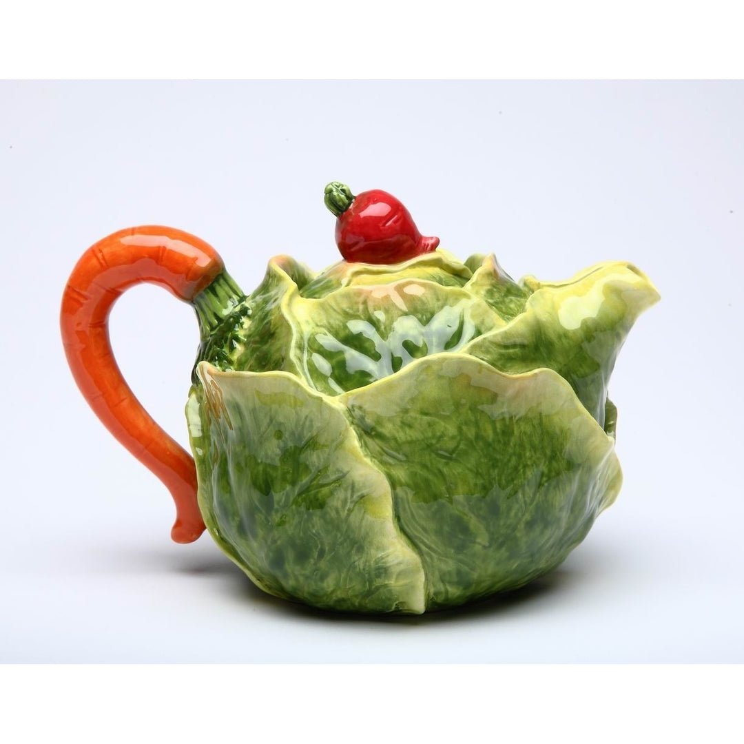 Hand Painted Ceramic Cabbage Teapot with Carrot Lid 16oz Image 3