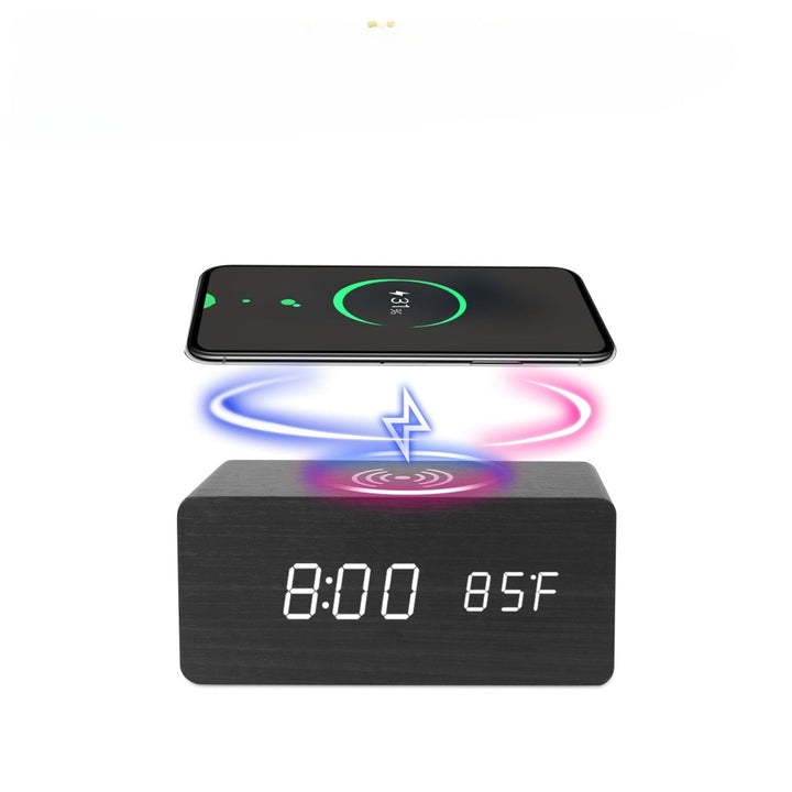 Digital Alarm Clock Qi Wireless Charger Time Temperature Calendar Display Clock with Voice Control Brightness Adjustment Image 1