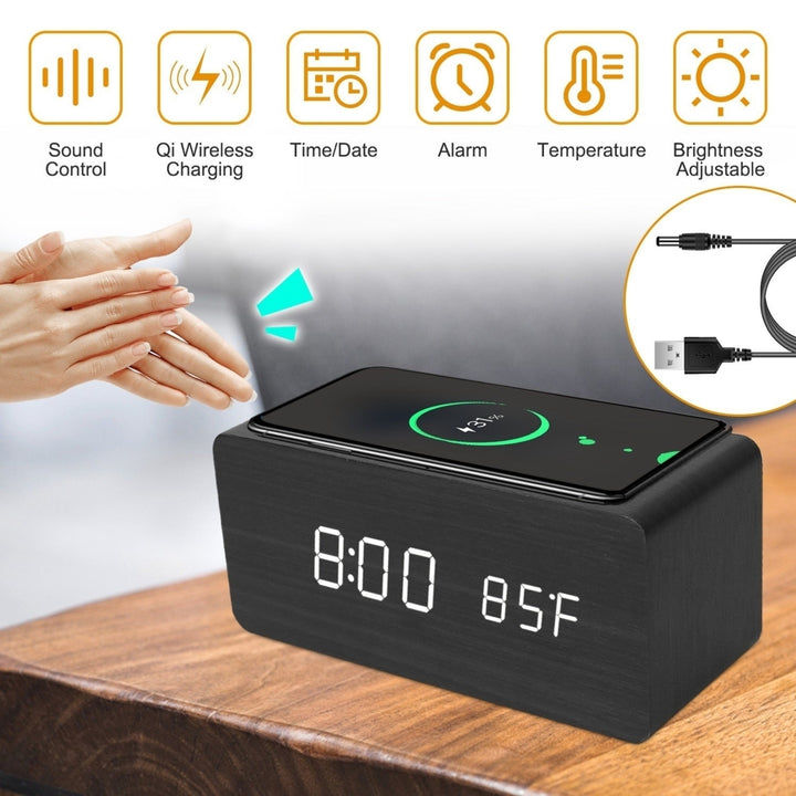 Digital Alarm Clock Qi Wireless Charger Time Temperature Calendar Display Clock with Voice Control Brightness Adjustment Image 3