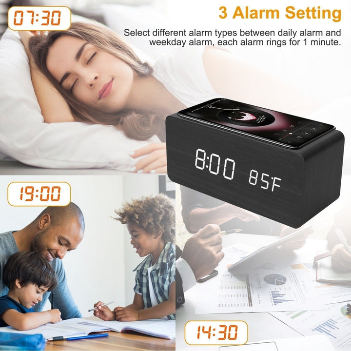 Digital Alarm Clock Qi Wireless Charger Time Temperature Calendar Display Clock with Voice Control Brightness Adjustment Image 6