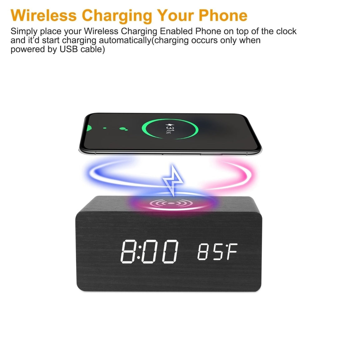 Digital Alarm Clock Qi Wireless Charger Time Temperature Calendar Display Clock with Voice Control Brightness Adjustment Image 12