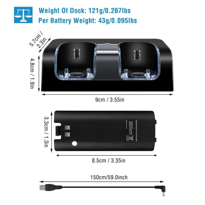 For Wii Remote Controller Charger Dual Charge Dock with Two 2800mAh Rechargeable Batteries Image 10