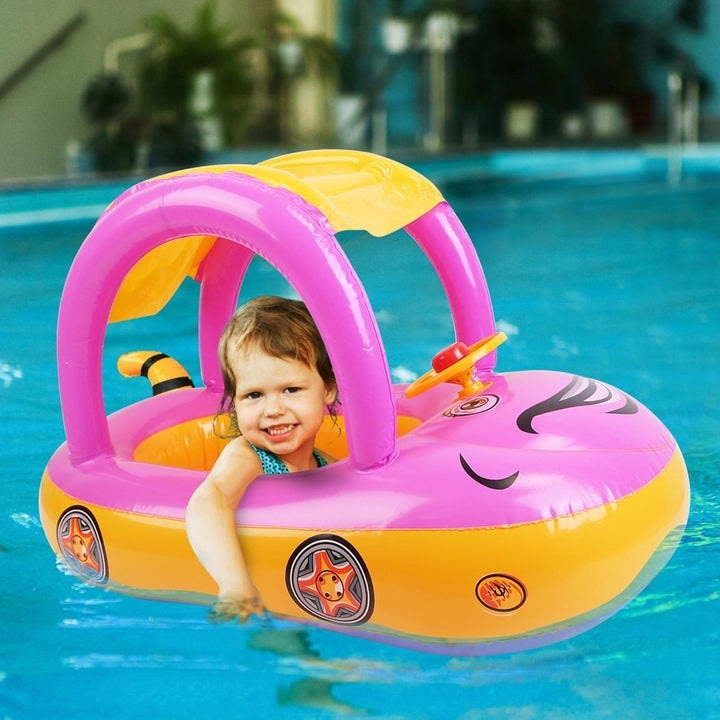 Baby Inflatable Pool Float Car Shaped Toddler Swimming Float Boat Pool Toy Infant Swim Circle Pool with Sun Protection Image 2