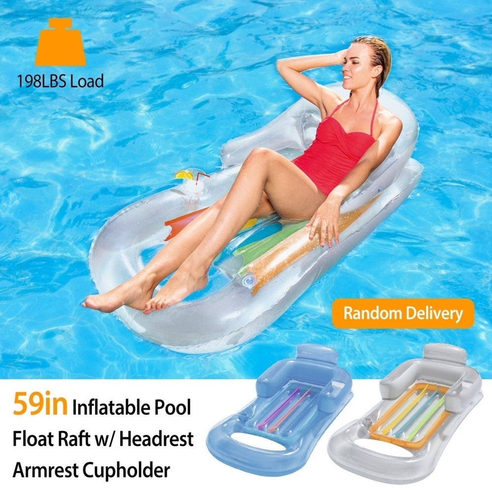 59in Inflatable Pool Float Raft with Headrest Armrest Cupholder Swimming Pool Lounge Air Mat Chair Image 2