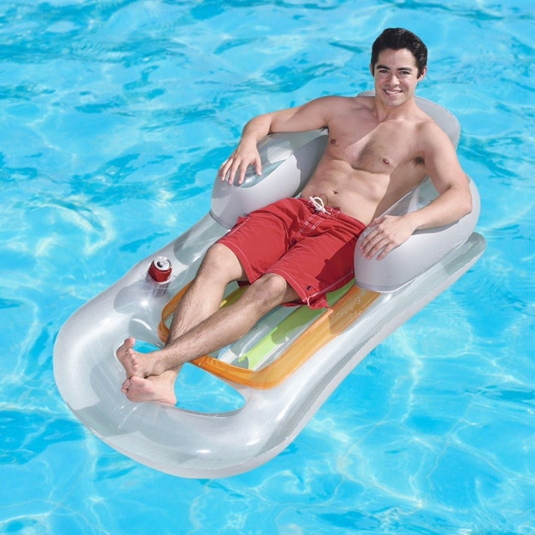 59in Inflatable Pool Float Raft with Headrest Armrest Cupholder Swimming Pool Lounge Air Mat Chair Image 4