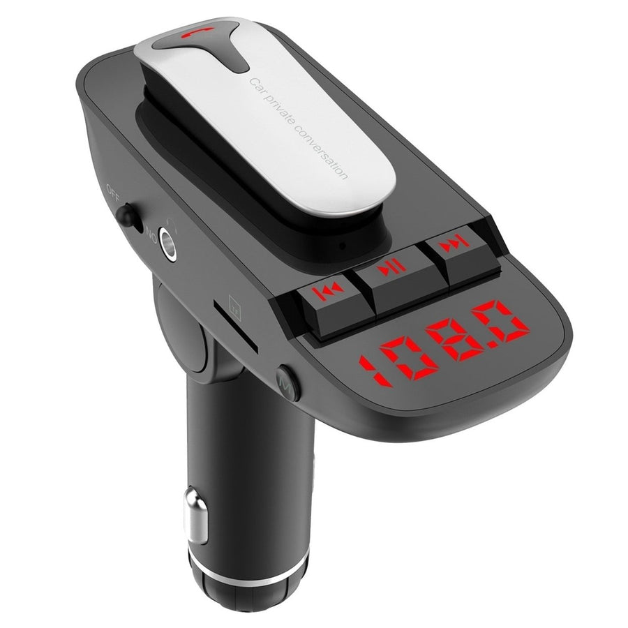 Car FM Transmitter with Wireless Earpiece 2 USB Charge Ports Hands-free Call MP3 Player Image 1