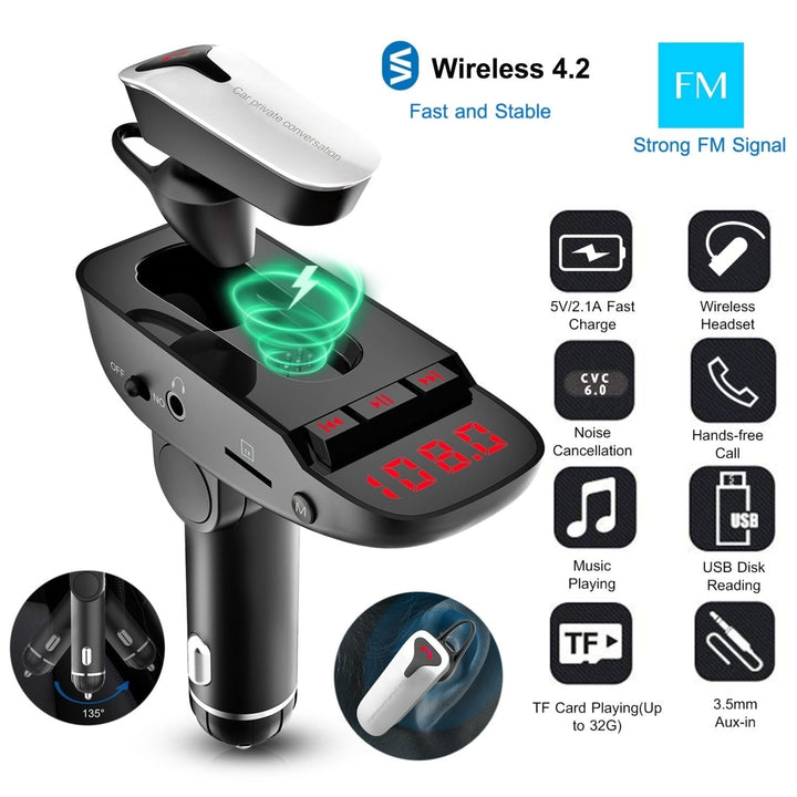 Car FM Transmitter with Wireless Earpiece 2 USB Charge Ports Hands-free Call MP3 Player Image 2