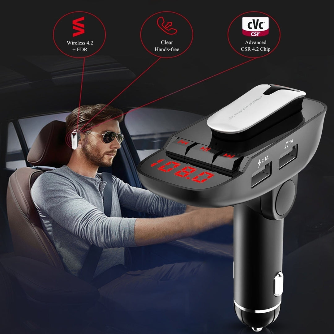 Car FM Transmitter with Wireless Earpiece 2 USB Charge Ports Hands-free Call MP3 Player Image 3