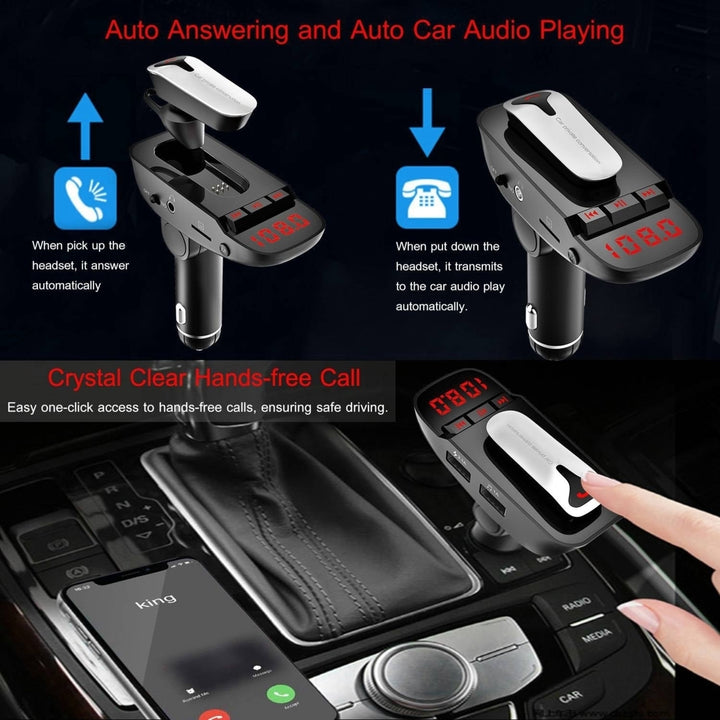 Car FM Transmitter with Wireless Earpiece 2 USB Charge Ports Hands-free Call MP3 Player Image 4