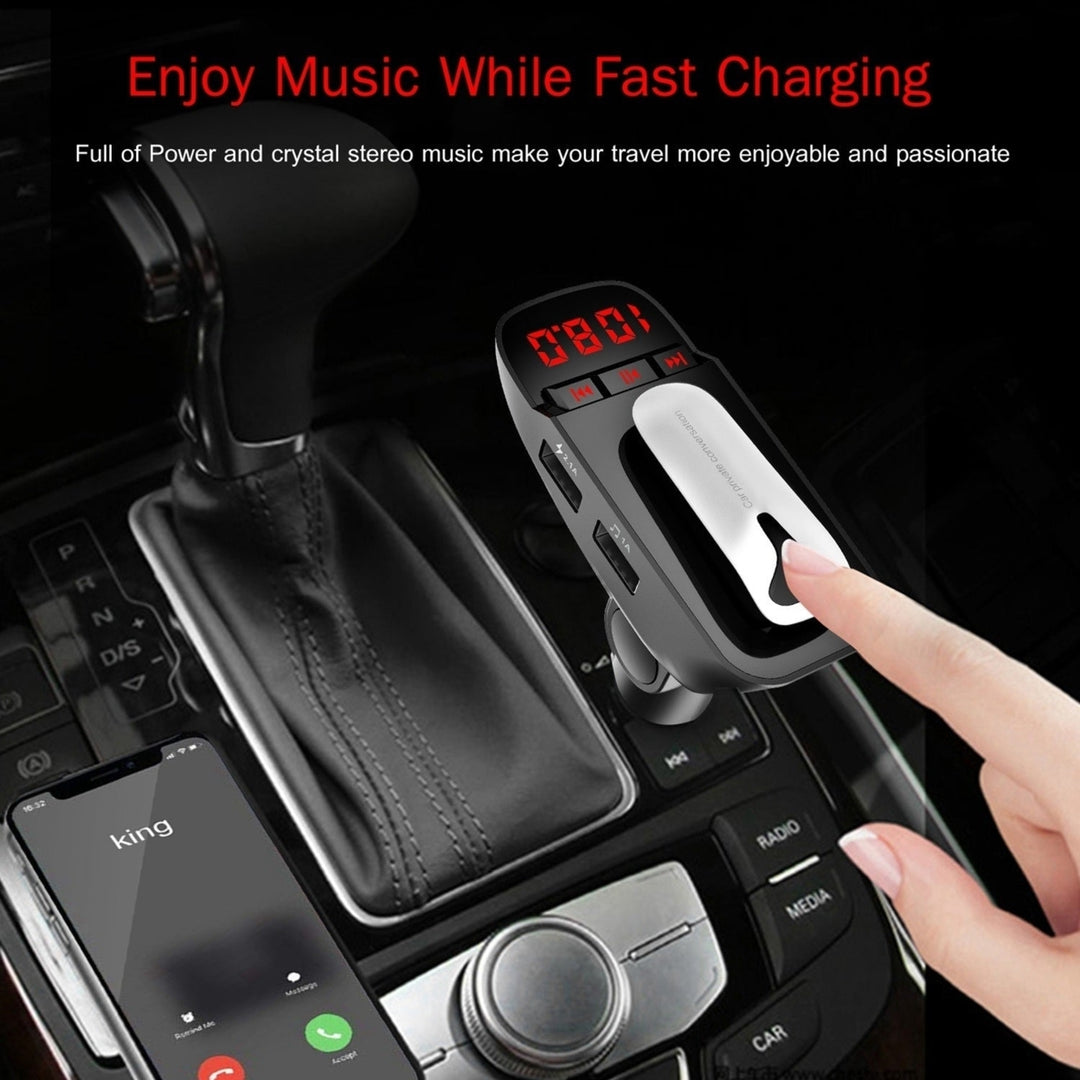 Car FM Transmitter with Wireless Earpiece 2 USB Charge Ports Hands-free Call MP3 Player Image 9
