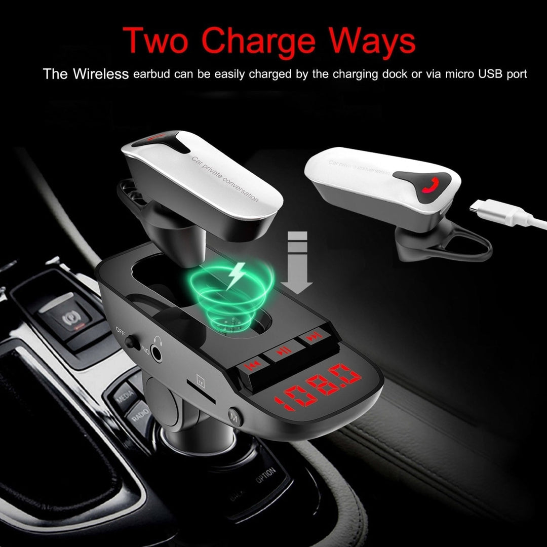 Car FM Transmitter with Wireless Earpiece 2 USB Charge Ports Hands-free Call MP3 Player Image 10