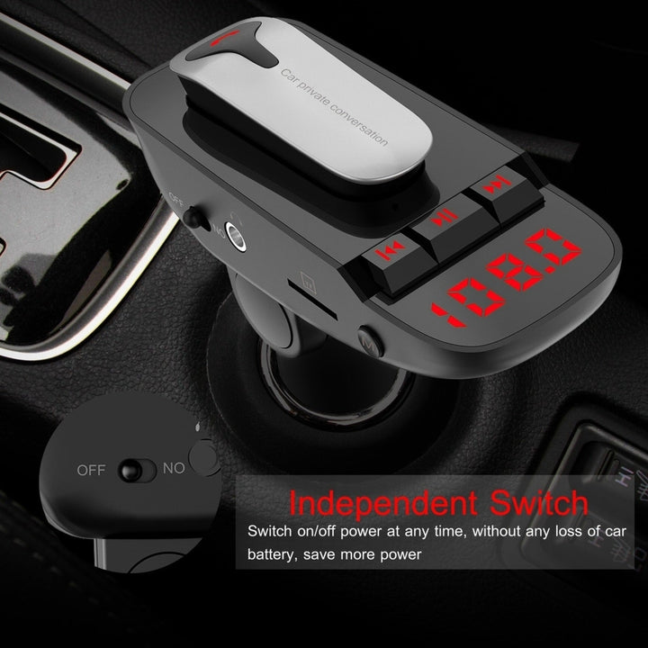 Car FM Transmitter with Wireless Earpiece 2 USB Charge Ports Hands-free Call MP3 Player Image 11