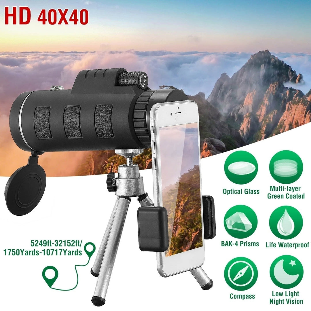 40x40 HD Optical Monocular Telescope with FMC Lens Low Light Vision Scope Phone Holder Tripod Compass Image 2