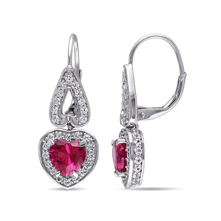 4.94 Carat (ctw) Lab Created Ruby and White Sapphire Dangle Heart Earrings in Sterling Silver Image 1