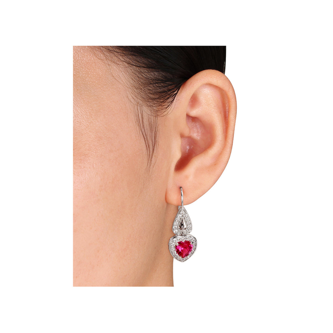 4.94 Carat (ctw) Lab Created Ruby and White Sapphire Dangle Heart Earrings in Sterling Silver Image 3