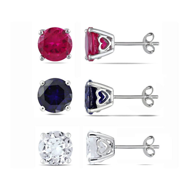 14 Carat (ctw) Lab Created Ruby Blue Sapphire and White Sapphire Solitaire Stud Earrings Set in Sterling Silver Image 1