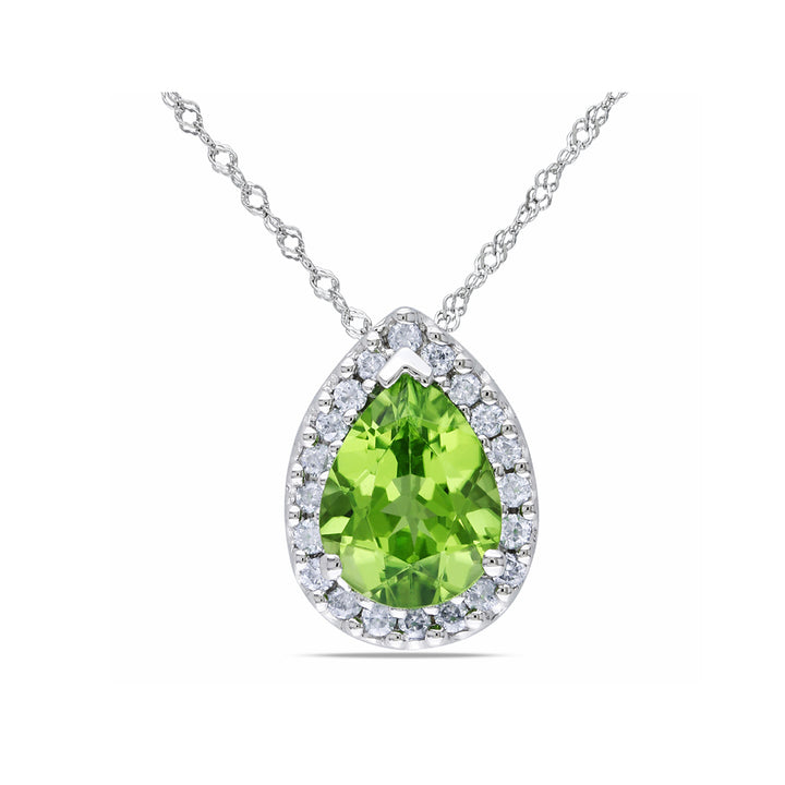 1.66 Carat (ctw) Peridot Pear Drop Pendant Necklace in 14K White Gold with Diamonds and Chain Image 1