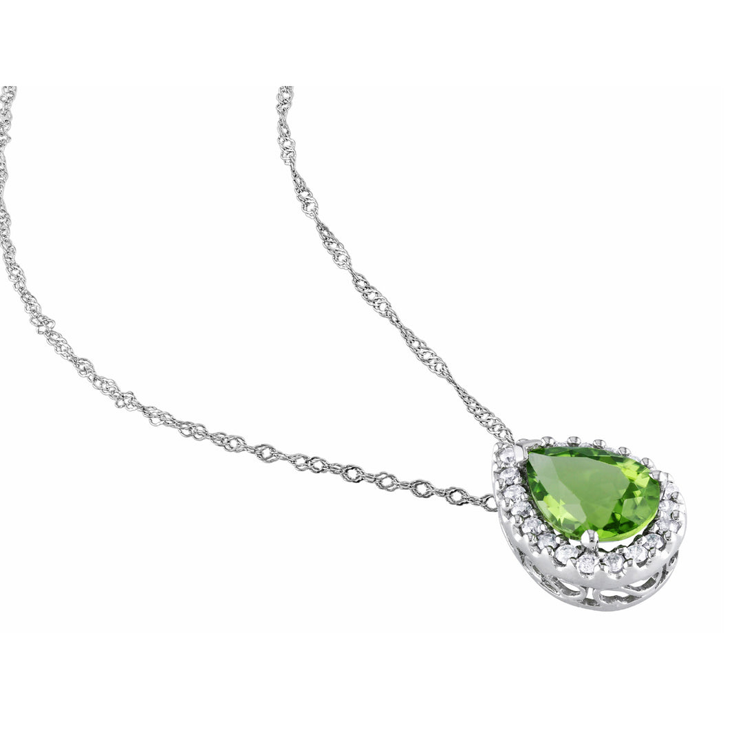 1.66 Carat (ctw) Peridot Pear Drop Pendant Necklace in 14K White Gold with Diamonds and Chain Image 4
