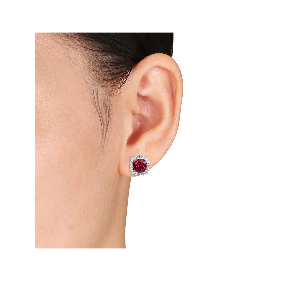 5.52 Carat (ctw) Lab-Created Ruby and White Sapphire Halo Earrings in Sterling Silver Image 3