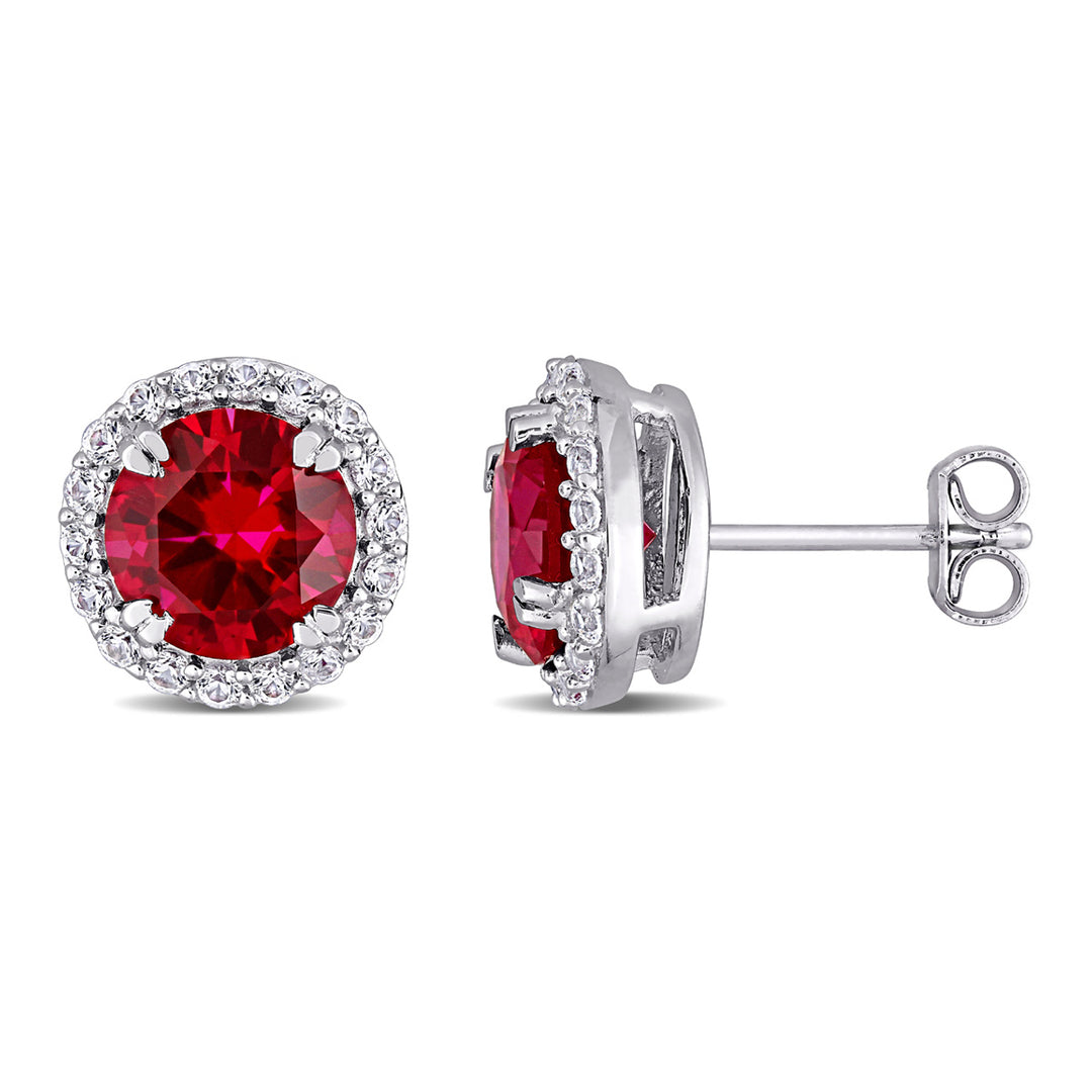 5.52 Carat (ctw) Lab-Created Ruby and White Sapphire Halo Earrings in Sterling Silver Image 4