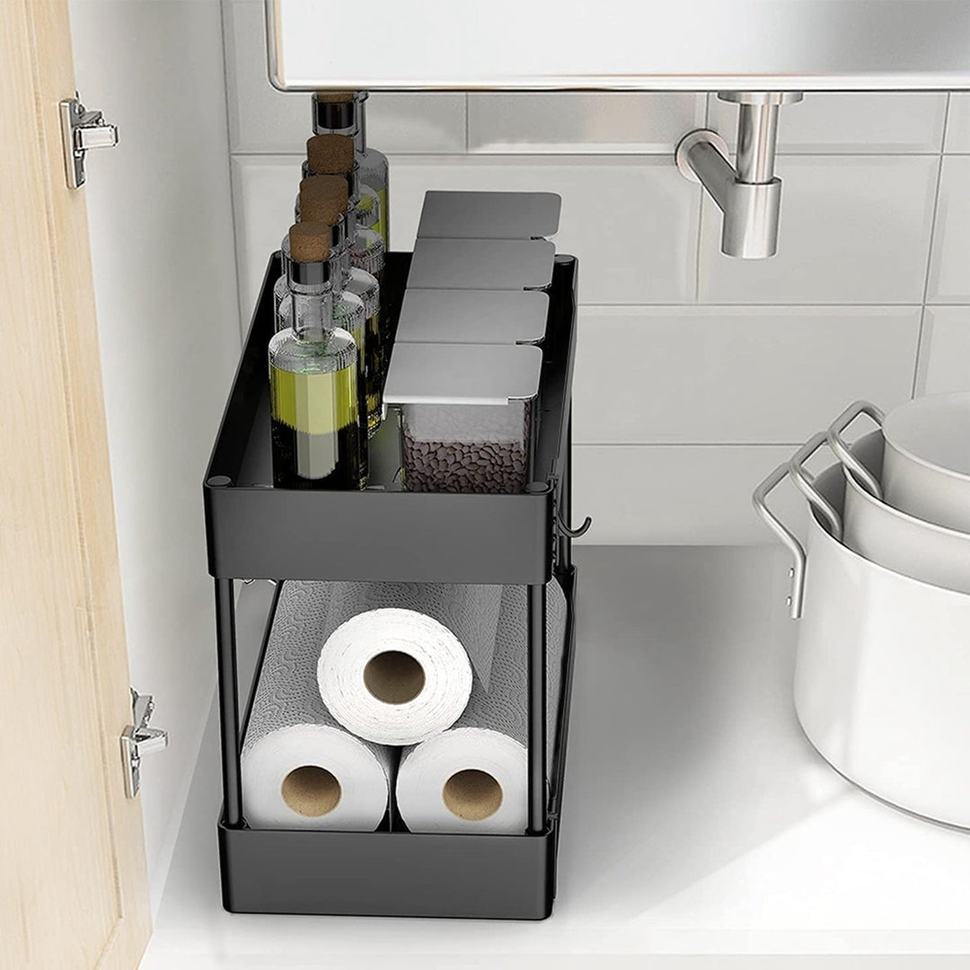 2-Tier Under Sink Shelf Organizer Space Saving Under Bathroom Sink Storage Rack with 4 Hooks Image 6