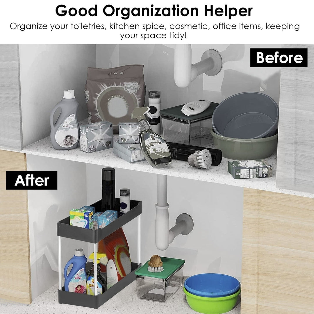 2-Tier Under Sink Shelf Organizer Space Saving Under Bathroom Sink Storage Rack with 4 Hooks Image 8