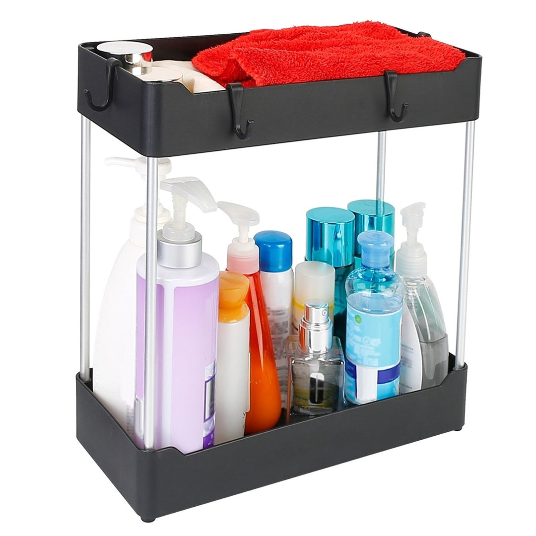 2-Tier Under Sink Shelf Organizer Space Saving Under Bathroom Sink Storage Rack with 4 Hooks Image 9