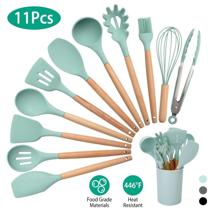 11Pcs Silicond Cooking Utensil Set Heat Resist Wooden Handle Silicond Spatula Turner Ladle Spaghetti Server Tongs Image 1
