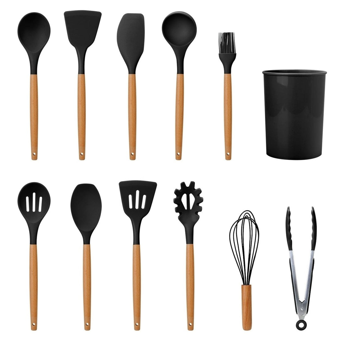 11Pcs Silicond Cooking Utensil Set Heat Resist Wooden Handle Silicond Spatula Turner Ladle Spaghetti Server Tongs Image 1