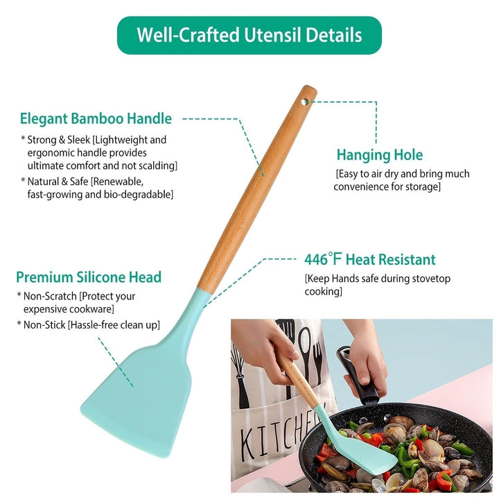 11Pcs Silicond Cooking Utensil Set Heat Resist Wooden Handle Silicond Spatula Turner Ladle Spaghetti Server Tongs Image 4