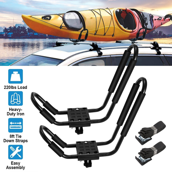 1 Pair Universal J-Bar Kayak Carrier 220LBS Load Heavy Duty Canoe Car Top Mount Carrier Roof Rack with 2Pcs Tie Down Image 9