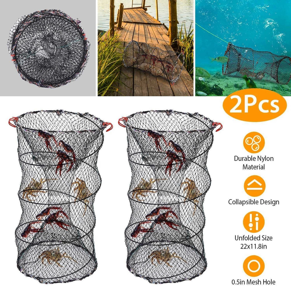 2Pcs Crab Trap Bait Nets Shrimp Prawn Crayfish Lobster Bait Fishing Pot Cage Basket 22x11.8in Image 2