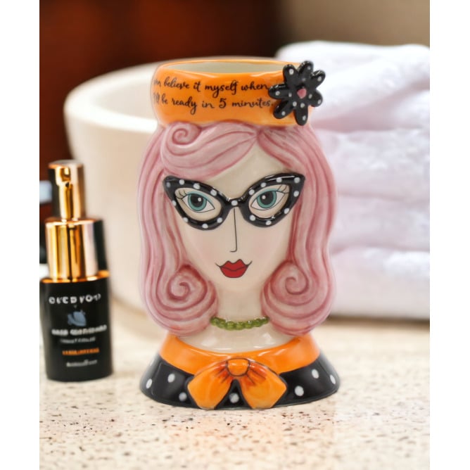 Ceramic Pink Hair Lady Makeup Brush Holder 3.5in Image 1