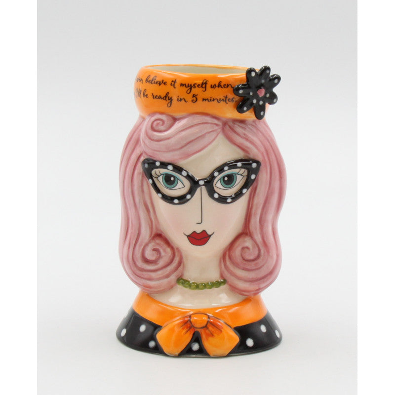 Ceramic Pink Hair Lady Makeup Brush Holder 3.5in Image 2