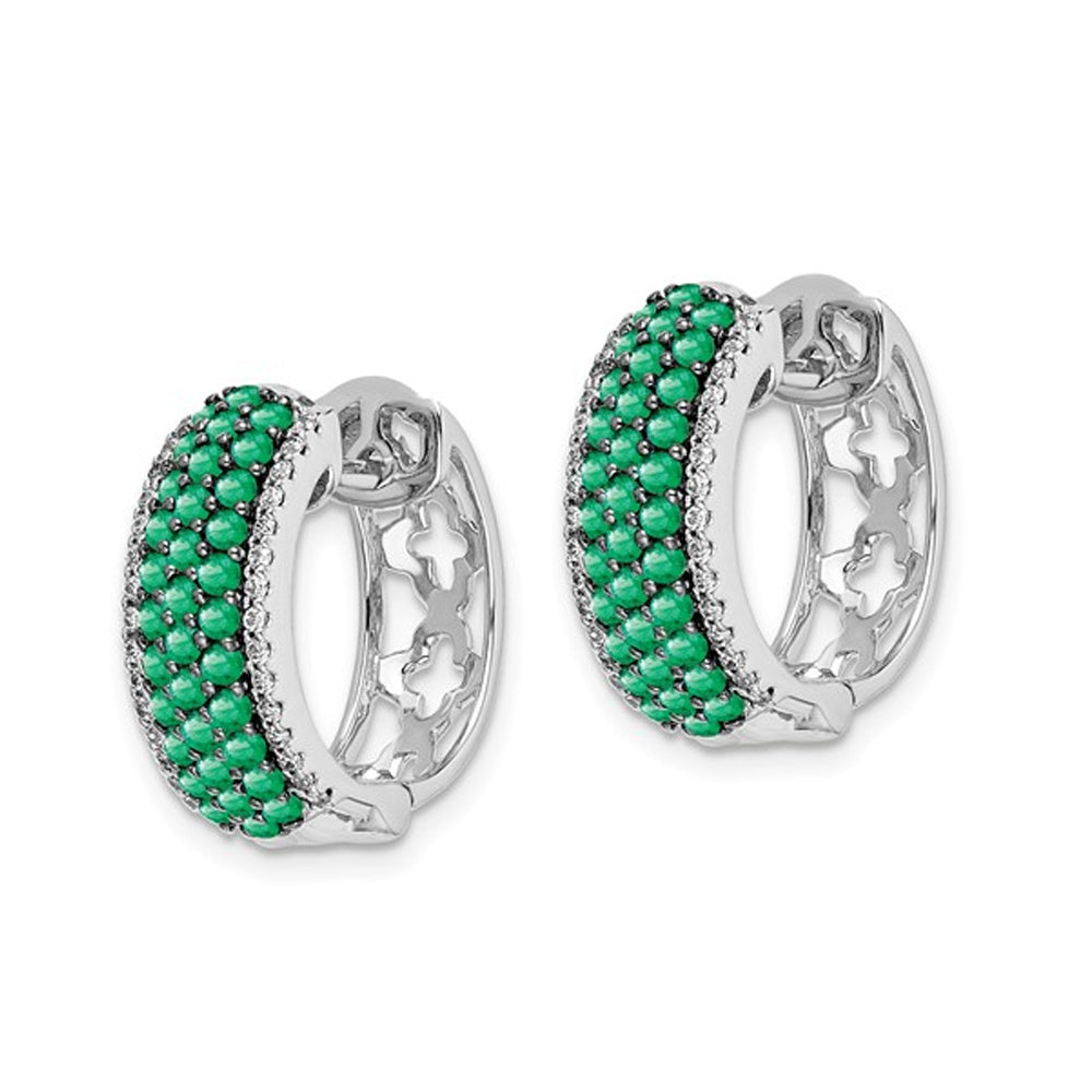 1.35 Carat (ctw) Natural Green Emerald Hoop Earrings in 14K White Gold with Diamonds 1/4 Carat (ctw) Image 4