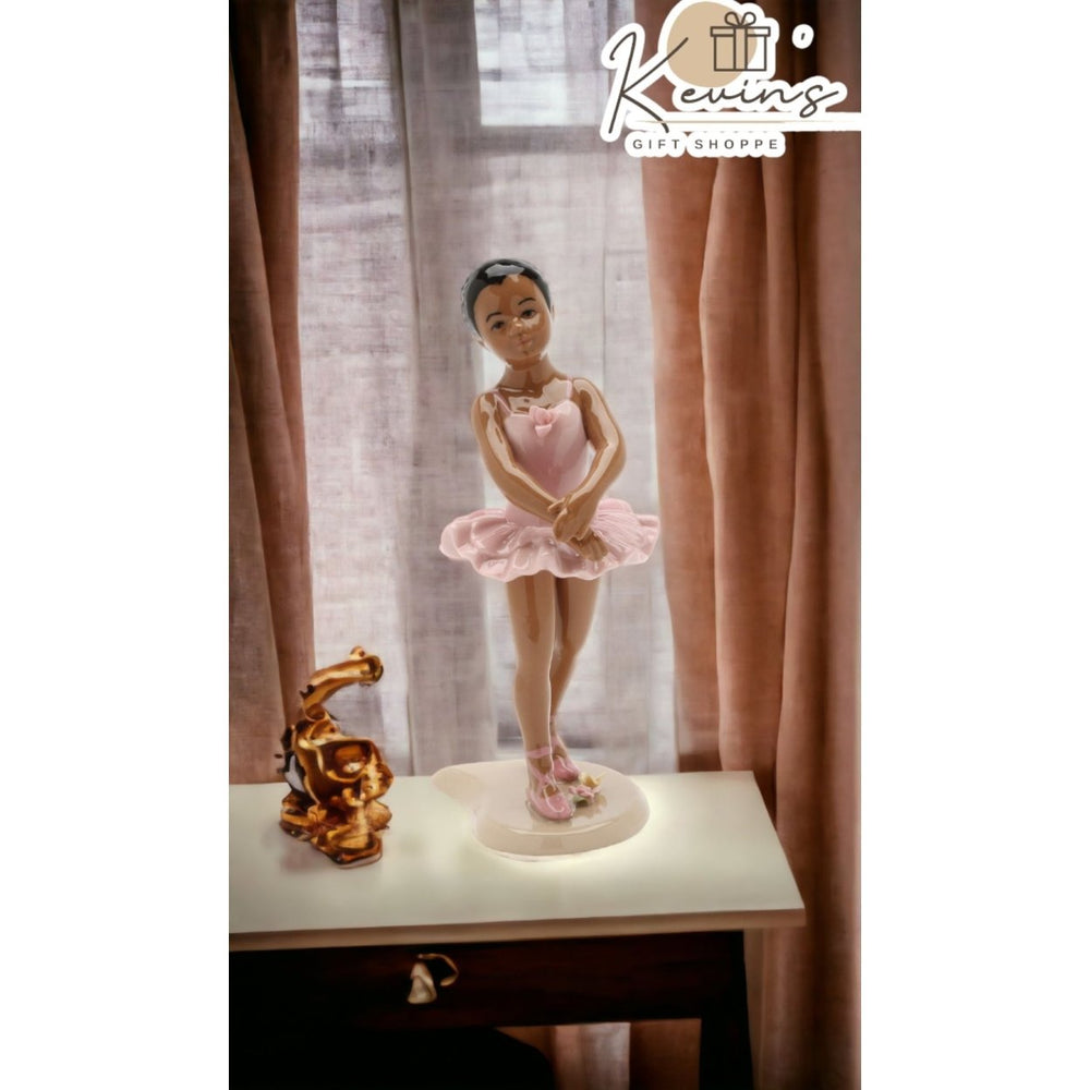 Ceramic African American Ballerina Figurine Pink Dress 6.1 Inch Gift Image 2