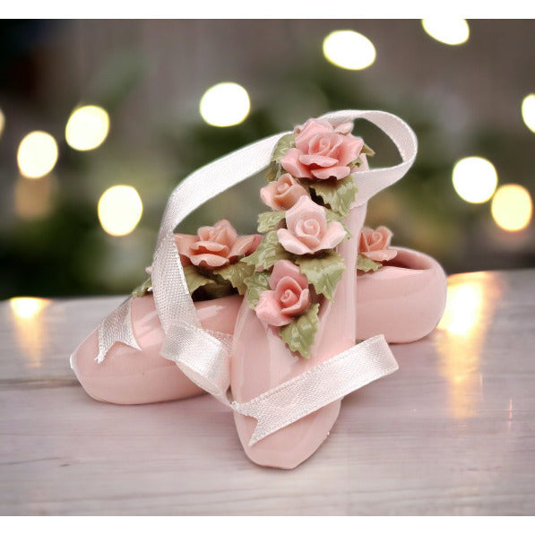 Ceramic Ballerina Pointe Shoes with Rose Flowers FigurineHome Dcor, Image 1