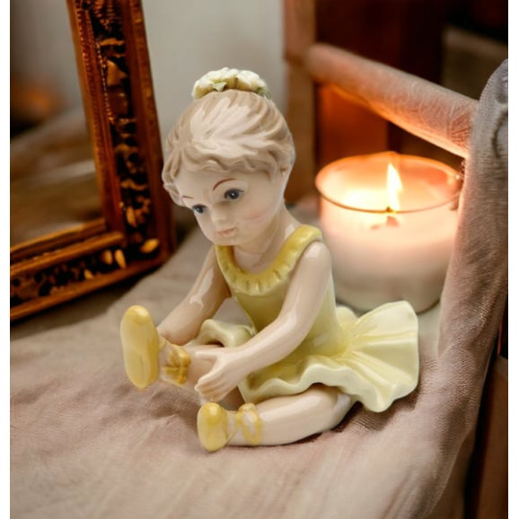 Ceramic Ballerina Figurine Yellow Stretching Leg Image 2