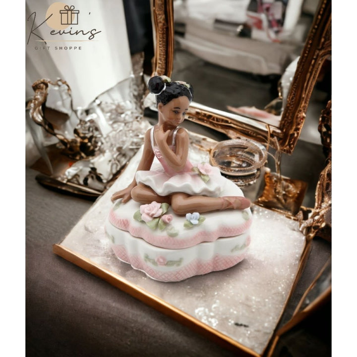 African American Ballerina Jewelry Box Pink Dancer 2.875x2.875x3.625 Image 2