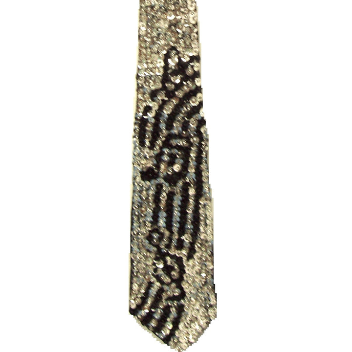 Sequin Neck Tie Silver with Black Music Notes on Bar Image 2