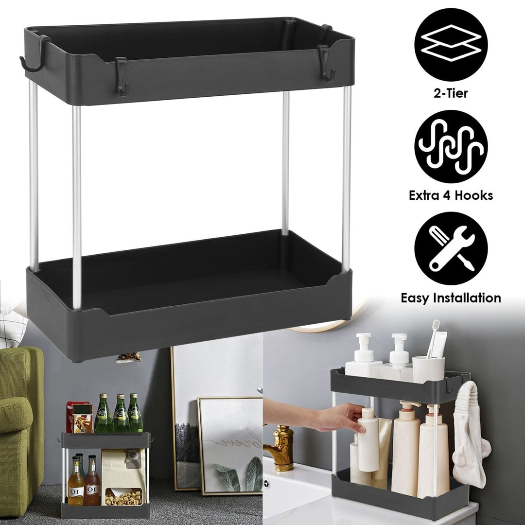 2-Tier Under Sink Shelf Organizer Space Saving Under Bathroom Sink Storage Rack with 4 Hooks Image 2