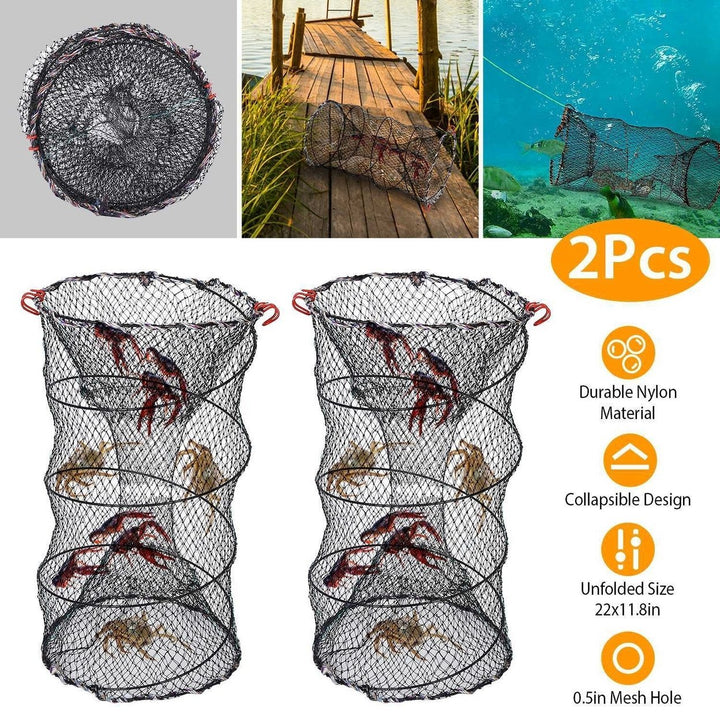 2Pcs Crab Trap Bait Nets Shrimp Prawn Crayfish Lobster Bait Fishing Pot Cage Basket 22x11.8in Image 2