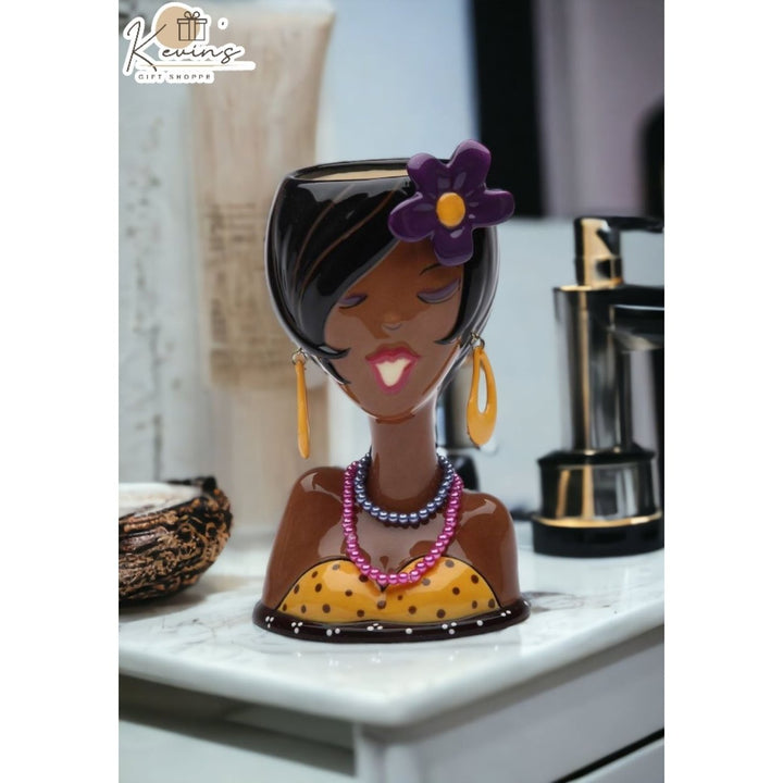 Ceramic African American Makeup Brush Holder 3.75x2.75 Image 2