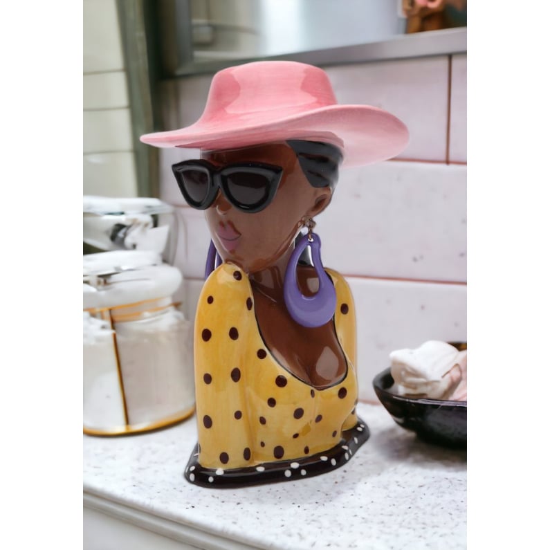 Ceramic African American Lady Brush Pen Holder 3.75x3.5x5.5 Gift Image 2