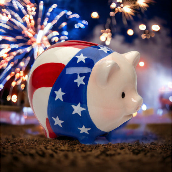 Ceramic American Flag Pig Piggy BankHome DcorDadKidIndependence Day DcorJuly 4th Image 1
