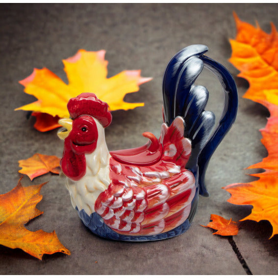 Ceramic Blue Red Rooster Teapot 14oz 7.75x4x7.5 Fall Gift Image 1