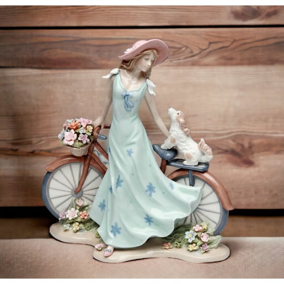 Ceramic Lady Dog Bicycle Figurine 10.5" Gift for Dog Lovers Image 2