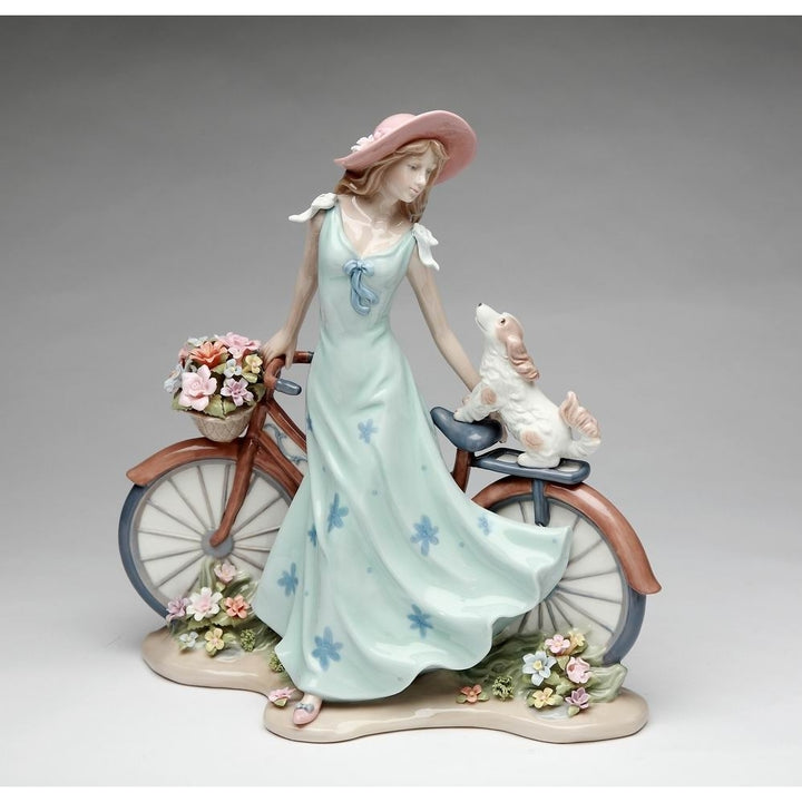 Ceramic Lady Dog Bicycle Figurine 10.5" Gift for Dog Lovers Image 3