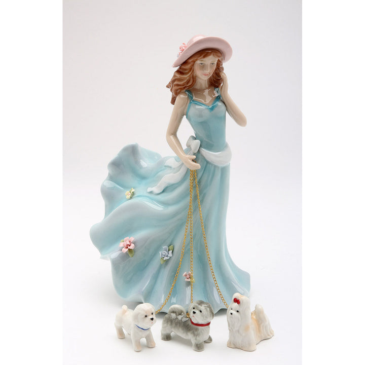 Ceramic Figurine Lady in Dress Walking Dogs 5x4x7.875 Gift Image 3